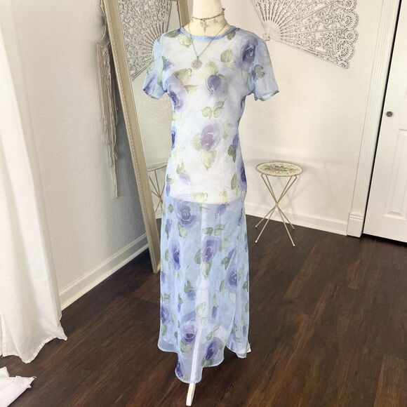 Vintage Whimsygoth Light Blue Sheer Mesh Rose Floral Maxi Dress S - Picture 3 of 8